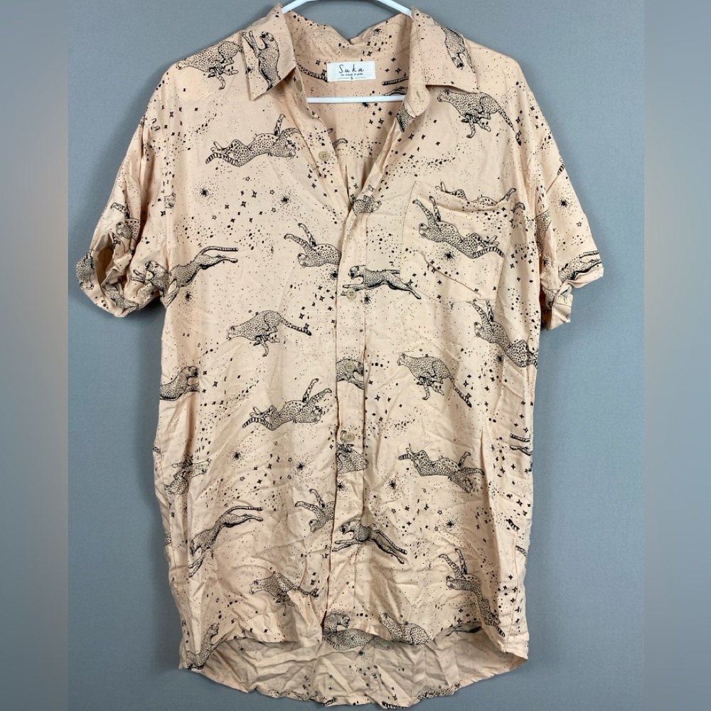 Suka Beige and Black Cheeta Patterned Button Down Top Size Small